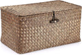 Seagrass Storage Basket Bins with Lid, Handwoven Wicker Shelf Baskets Bin Rectangular Household Basket Organizer Boxes for Shelf Closet Bedroom Home Decor, Whitewash Medium