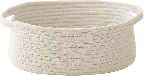 Woven Basket,Small Rope Storage Bin with Handles & Ribbon Bag, Organizer for Shelves Closets,Gift Basket Empty for Birthday,Books,Dog Toys,White