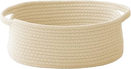 Woven Basket,Small Rope Storage Bin with Handles & Ribbon Bag, Organizer for Shelves Closets,Gift Basket Empty for Birthday,Books,Dog Toys,White