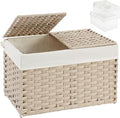 Storage Basket with Lid, PE Rattan Woven Storage Baskets with 2 Separate Lids, 17.2 Gallon (65 L), 22.2 x 13 x 13.8 Inches, 2 Removable Liner Bags Handles for Bedroom, Laundry Room Gray